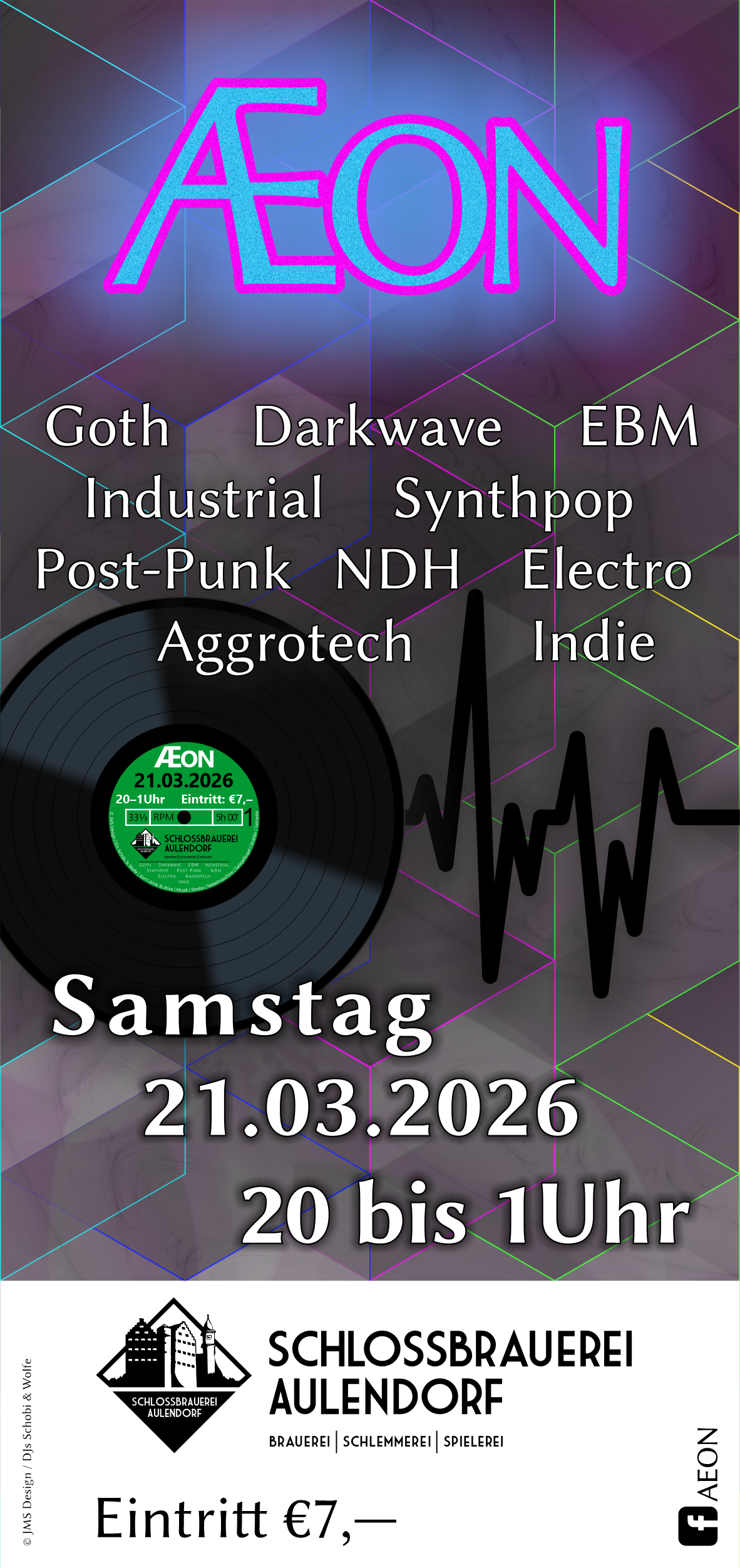 Flyer für ÆON 2026 am 21.03.2026 - Die neue jährliche schwarze Partyreihe in der Schlossbrauerei Aulendorf
