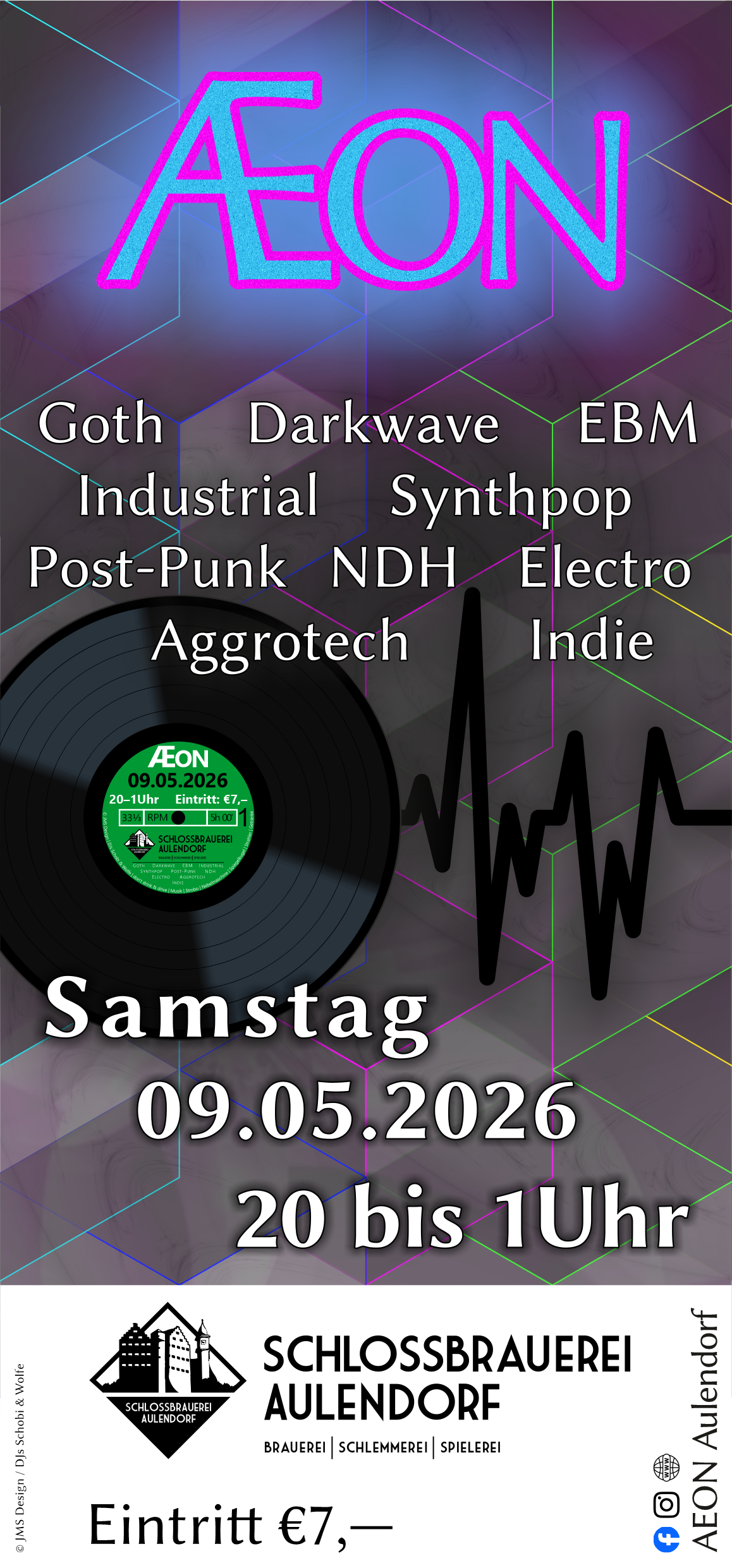 Flyer für ÆON 2026 am 09.05.2026 - Die neue jährliche schwarze Partyreihe in der Schlossbrauerei Aulendorf