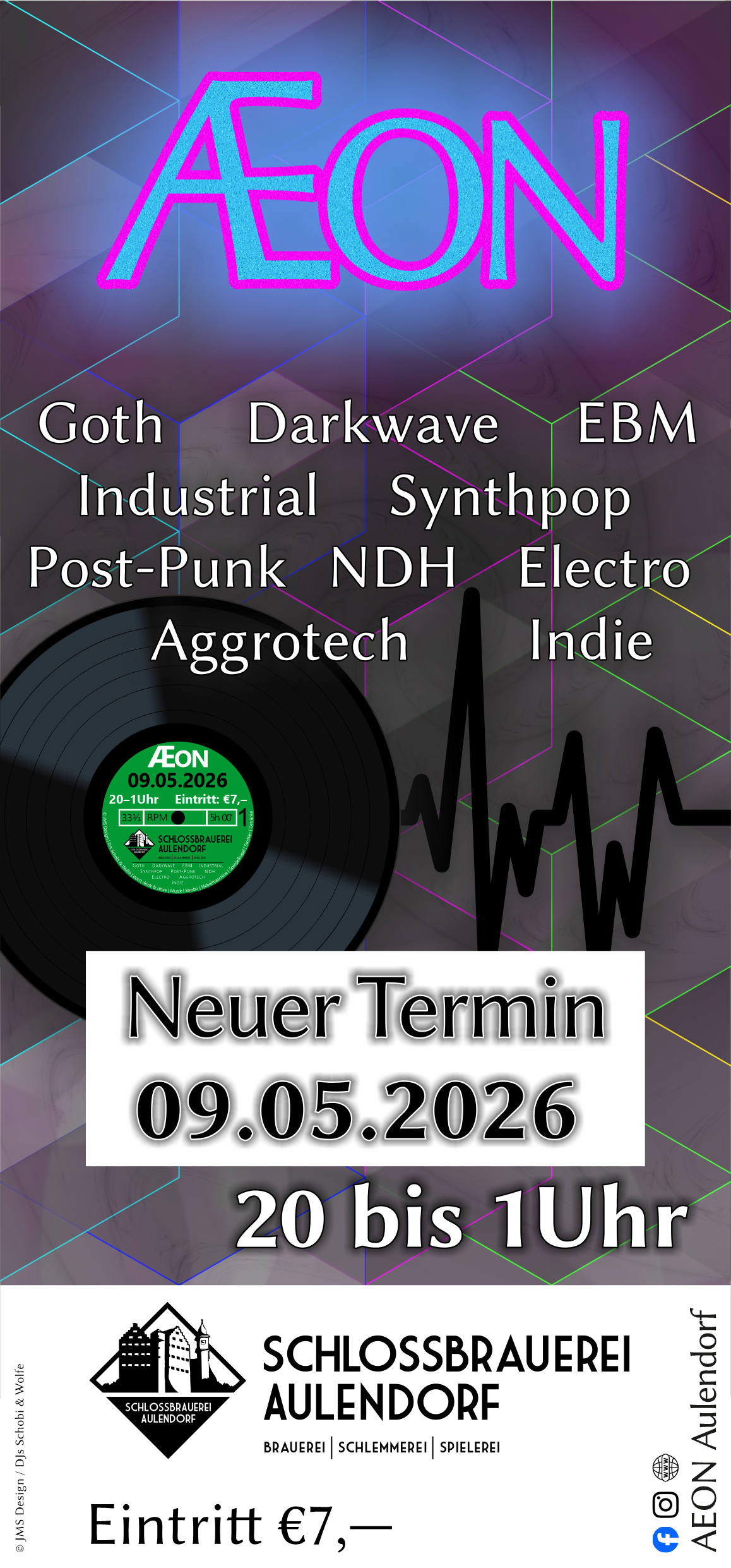 Flyer für ÆON 2026 am 09.05.2026 - Die neue jährliche schwarze Partyreihe in der Schlossbrauerei Aulendorf